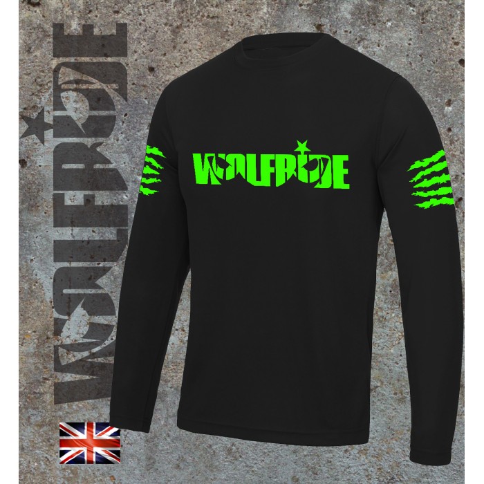 Long sleeve performance bike jersey / top with wolfride logo Flouro green